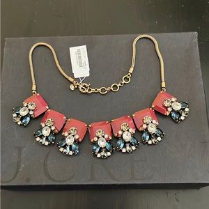 NWT J.Crew Art Deco Blue, Gray, Red Crystal Glass Bib Statement Necklace